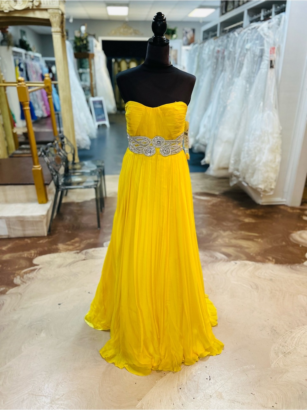 Sherri Hill Yellow Strapless Chiffon Prom Gown with Beaded Waist